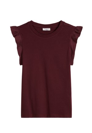 Haut sans manches bordeaux avec détails de volants aux épaules et col rond, confectionné en tissu doux.