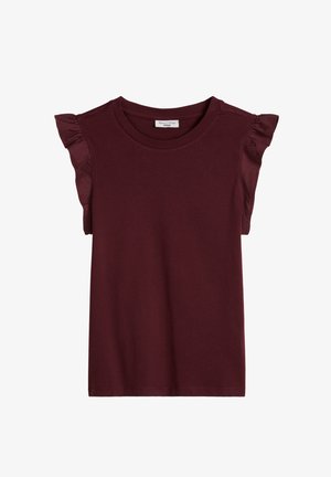 Haut sans manches bordeaux avec détails de volants aux épaules et col rond, confectionné en tissu doux.