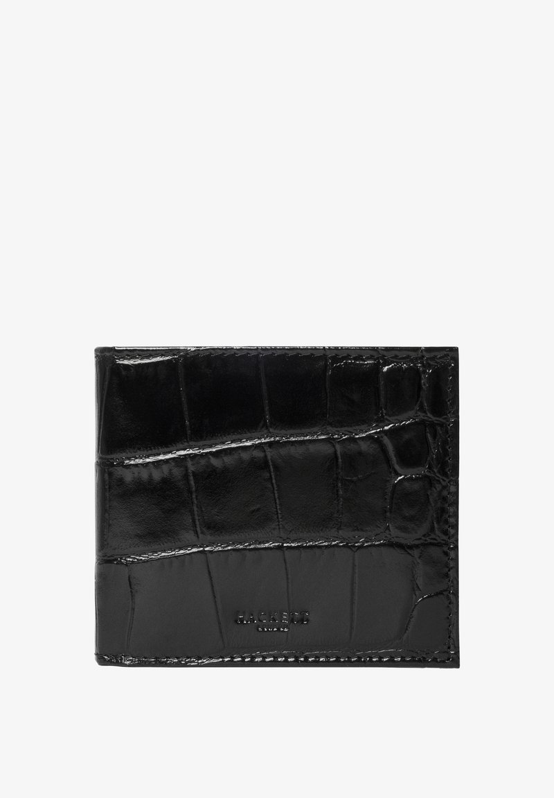 Portefeuille en cuir noir brillant à texture de crocodile avec l'inscription "Hackett London" embossée au centre de la face avant.
