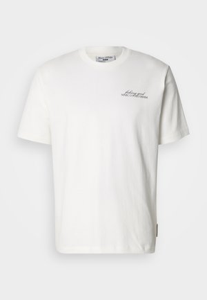 White cotton t-shirt with short sleeves, featuring a small printed text logo in dark green on the left chest area. Round neckline, casual fit.