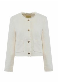 Biała kurtka z tweedu z okrągłym dekoltem, długimi rękawami, postrzępionymi krawędziami, dwiema przednimi kieszeniami i guzikami w odcieniu złota. Teksturowany materiał o klasycznym wzorze.