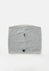 Gray fleece neck warmer with a soft texture, elasticized top, and a black toggle at the bottom for adjustable fit. Label on the side.