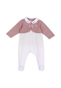 Světle růžový pletený top s dlouhými rukávy a bílým límečkem zdobeným květinovou výšivkou a mašlí; bílé kalhoty s plně pokrytými chodidly.