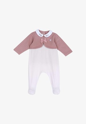 Top lavorato a maglia rosa pallido con maniche lunghe e colletto bianco decorato con ricami floreali e un fiocco; pantaloni bianchi con piedi coperti.