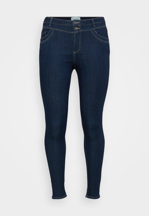 Dunkelblaue Skinny Jeans aus Denim mit hoher Taille, Zwei-Knopf-Verschluss und dezentem Stitching-Detail. Eng an den Beinen anliegend.