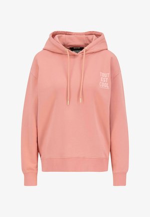 Sudadera rosa con un bolsillo tipo canguro en el frente, capucha con cordón, puños y dobladillo acanalados, que presenta el texto "TOUT EST COOL" en blanco en el pecho.