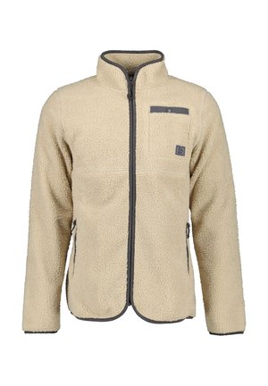 Beige fleece-takki, jossa on täysi vetoketju, korkea kaulus, kaksi sivutaskua ja harmaat yksityiskohdat. Ominaisuuksiin kuuluu teksturoitu, pehmeä kangaspinta.