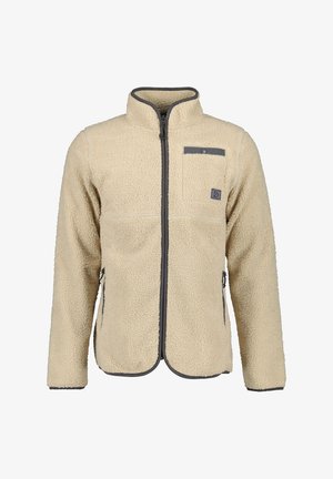 Beige fleece jack met een volledige ritssluiting, hoge kraag, twee zijzakken en grijze accenten. Heeft een gestructureerde, zachte stofafwerking.