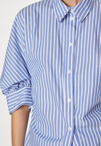 Chemise à rayures verticales bleu et blanc, boutonnée, avec un col pointu et des manches bouffantes jusqu'aux coudes.