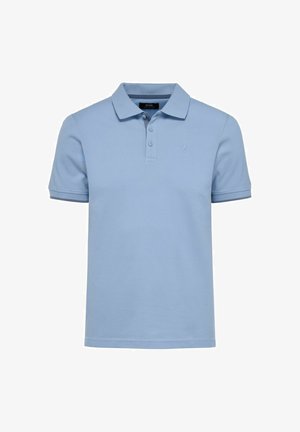 Niebieska koszulka polo wykonana z bawełny, z krótkimi rękawami, kołnierzykiem, zapięciem na dwa guziki oraz subtelnym logo z przodu.