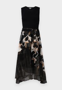 Musta hihaton mekko, jossa on tiukka ribbikuvio ja virtaava epäsymmetrinen hame, jossa on abstract beige- ja valkoisia kukkakuvioita sekä vyötärölle sidottava nauha.