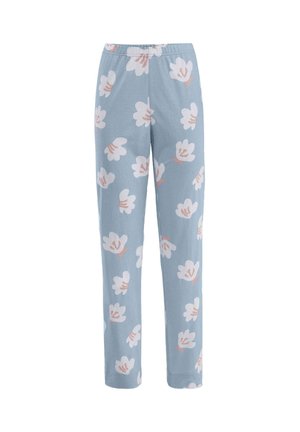 Blaue Schlafanzughosen mit einem floralen Muster von weißen Blumen und zarten rosa Akzenten. Hergestellt aus einem weichen, leichten Stoff. Mit elastischem Bund.