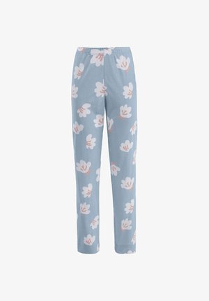 Blue pajama pants featuring a floral pattern with white flowers and light pink accents. Made of a soft, lightweight fabric. Elastic waistband.