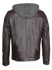 Brun läderjacka med grå fleece-fodrad huva, med dragkedjor på ärmarna och tryckknappar i midjan. Slät textur.