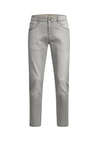 Grijze denim jeans met een rechte pasvorm, voorzien van een knoopsluiting, voorzakken en een subtiele versleten textuur.