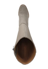 Gray suede ankle boot with a smooth surface, almond-shaped toe, and a brown interior. Features an exterior zipper on the side.