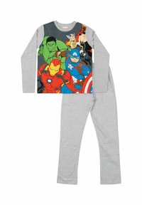 Pigiama a maniche lunghe composto da una maglia grigia con grafica di supereroi colorata e pantaloni grigi chiari, realizzati in morbido tessuto di cotone.