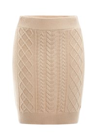 Jupe beige en tricot avec motifs torsadés et losanges, taille et ourlet côtelés, présentée sur fond blanc.