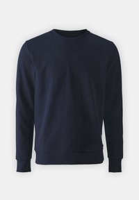 Navyblauw sweatshirt met een ronde hals, lange mouwen, ribgebreide manchetten en onderkant, met een gladde stoftextuur en een subtiele V-inzet bij de halslijn.