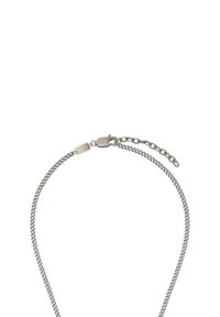 Collana in metallo con catena argentata e finitura liscia, dotata di chiusura e lunghezza regolabile. I link della catena sono intrecciati in modo uniforme.