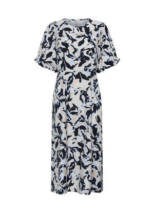 Robe midi florale en tissu léger, dotée d'un col rond, de courtes manches bouffantes et d'un motif de feuilles bleues, noires et beiges.