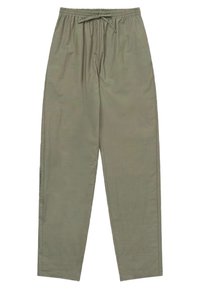 Lätta, olivgröna byxor med elastisk midja och justerbar dragsnöre. Rakt ben-design med en slät textur och inga synliga mönster.