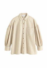 Gestreepte button-up shirt in crème en bruin, met een kraag, puffed sleeves en een borstzak. De stof lijkt licht en zacht.