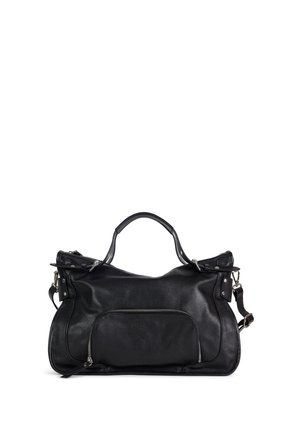 Bolso de cuero negro con asas superiores, bolsillo delantero con cremallera y correa de hombro desmontable sobre fondo blanco.