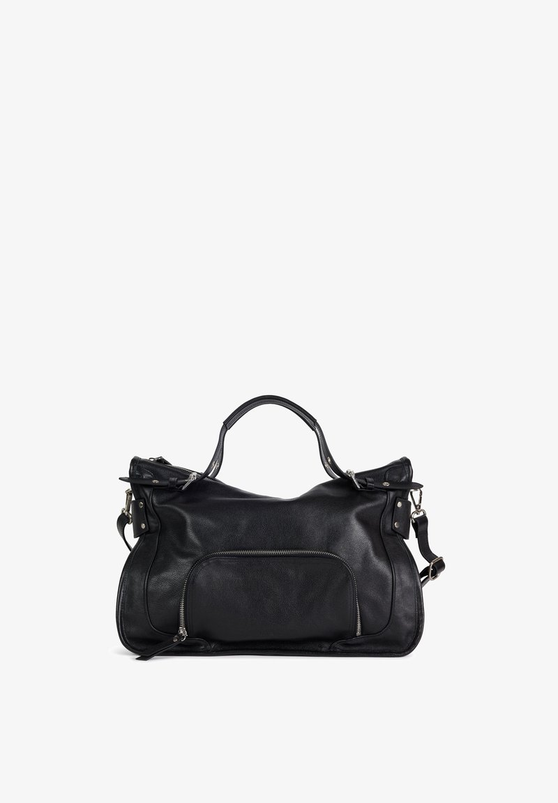 Sac à main en cuir noir avec poignées supérieures, poche zippée à l'avant et bandoulière amovible sur fond blanc.