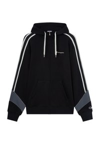 Felpa nera con zip, strisce laterali bianche e grigie, cappuccio regolabile con lacci, tasche frontali e logo ricamato sul petto. Tessuto in cotone.