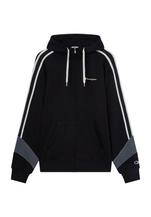Sudadera negra con cremallera, franjas laterales en blanco y gris, capucha con cordón, bolsillos frontales y logo bordado en el pecho. Tejido de algodón.