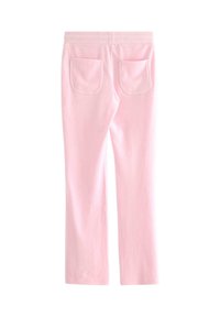Różowe bawełniane spodnie dresowe o miękkiej fakturze, z dwoma tylnymi kieszeniami i elastycznym pasem, zaprojektowane z myślą o komforcie i łatwości noszenia.