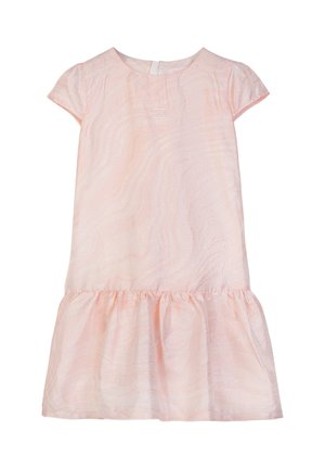 Vestito rosa chiaro a maniche corte con motivo a vortice sottile, scollo rotondo e orlo arricciato con volant.