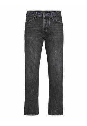 Svarta denimjeans med rak ben-design, som har framfickor, bälteshällor och en något urblekt textur.