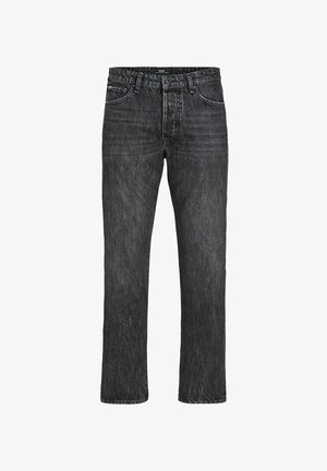 Čierne džínsy z denimu so strihom rovného nohu, s prednými vreckami, pútkami na opasok a mierne vyblednutou textúrou.