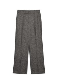Wijde broek gemaakt van een textuur, donkergrijze stof. Kenmerken zijn voorplooien, een aansluitende taille en geen zichtbare versieringen.