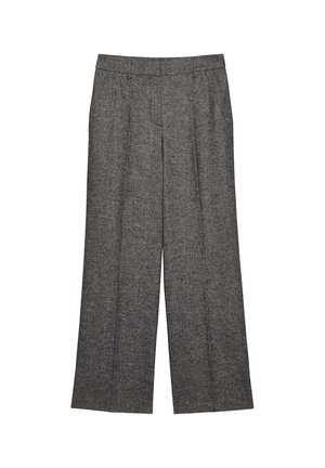 Weite Hose aus einem strukturierten, dunkelgrauen Stoff. Sie verfügt über eineAnsatzfalten vorne, eine taillierte Taille und keine sichtbaren Verzierungen.