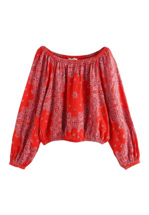 Rote schulterfreie Bluse mit langen Ärmeln, elastischem Ausschnitt und Saum, verziert mit einem filigranen weißen Paisley-Muster.