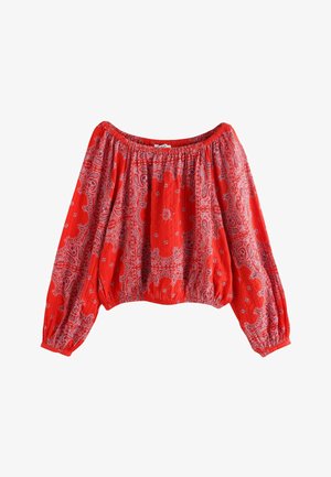 Rote schulterfreie Bluse mit langen Ärmeln, elastischem Ausschnitt und Saum, verziert mit einem filigranen weißen Paisley-Muster.