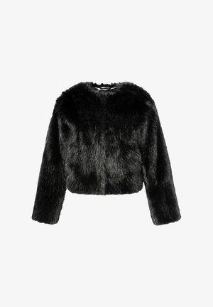 Schwarze Kunstfell-Cropped-Jacke mit rundem Halsausschnitt, langen Ärmeln und einer weichen, plüschigen Textur sowie einer eleganten Oberfläche.