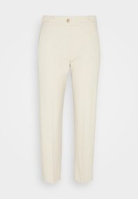 Light beige tailored pants with a fitted shape, single button closure, and two front pockets, featuring a smooth texture and straight legs.