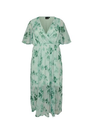 Lichtgroene wikkeljurk met doorschijnende korte mouwen en donkerder groene bloemenprint, midi-lengte en een geplooide taille.