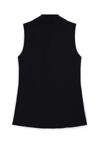 Top nero senza maniche con collo alto, texture liscia e silhouette aderente; vista posteriore mostra un design pulito senza decorazioni.