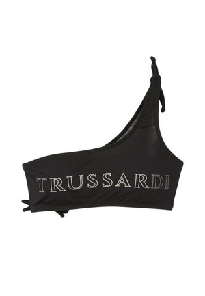 Top bikini nero monospalla con logo bianco "TRUSSARDI" sul davanti e lacci regolabili su entrambi i lati.