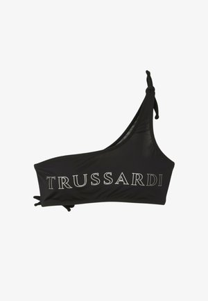 Top bikini nero monospalla con logo bianco "TRUSSARDI" sul davanti e lacci regolabili su entrambi i lati.