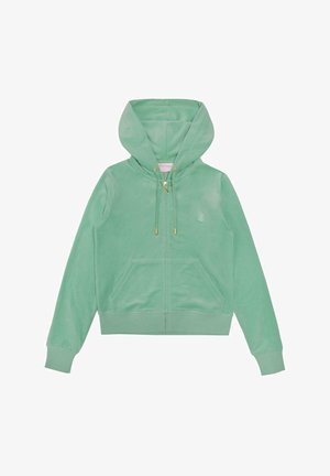 Mentolová mikina s kapucí vyrobená z měkké tkaniny, s předním zipem, dvěma bočními kapsami a jemným výšivkou loga na hrudi.