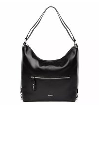 Borsa a tracolla in pelle nera con una texture liscia, una silhouette curva e una tasca frontale con cerniera dotata di un piccolo'etichetta e logo.