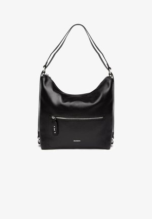 Borsa a tracolla in pelle nera con una texture liscia, una silhouette curva e una tasca frontale con cerniera dotata di un piccolo'etichetta e logo.