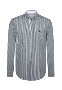 Camisa de manga larga con botones en rayas verticales grises y blancas, con un collar puntiagudo y un pequeño logo bordado en el pecho.