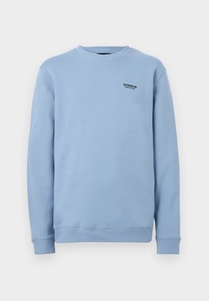 Svetlomodrá mikina s dlhým rukávom a okrúhlym výstrihom, s rebrovanými manžetami a lemom, s malým čiernym logom "DONDUP Made in Italy" na ľavej strane hrudníka.